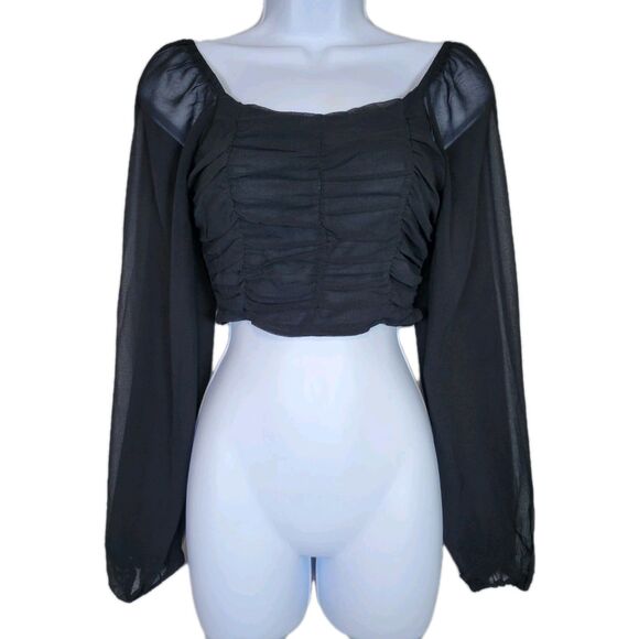 Altar'd State Tops - Altar'd State Black Chiffon Sheer Long Sleeve Ruched Crop Top XS Dark Romantic